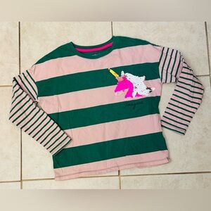 Mini Boden Green and Pink Striped Unicorn Top